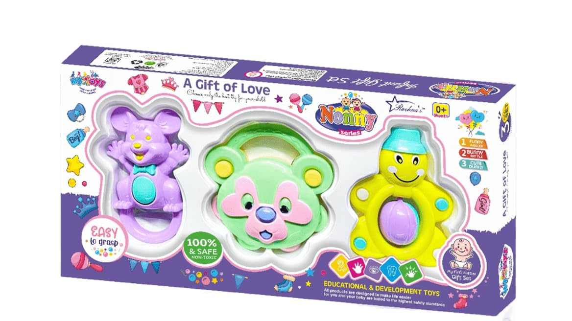 Baby Rattle Set – 3-Piece Colorful Animal Shakers | Safe & Easy-to-Grasp Educational Toys for Newborns (0+ Months)