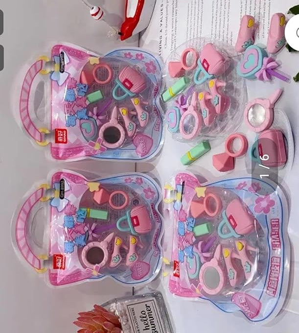 Cartoon Barbie Makeup Theme Erasers Set for Kids – Stylish Pencil & Rubber Erasers, 7 Pcs Stationery Kit, Perfect Birthday Return Gift, Fun Party Favors, Creative School Supplies, Non-Toxic Gift Pack