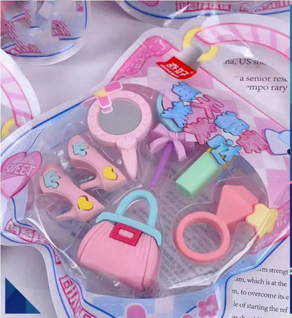 Cartoon Barbie Makeup Theme Erasers Set for Kids – Stylish Pencil & Rubber Erasers, 7 Pcs Stationery Kit, Perfect Birthday Return Gift, Fun Party Favors, Creative School Supplies, Non-Toxic Gift Pack