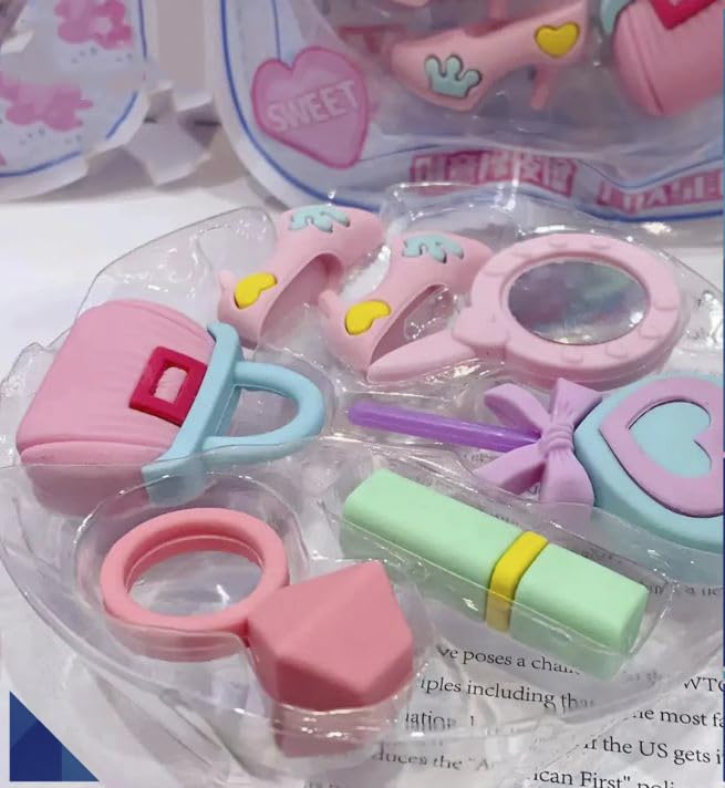 Cartoon Barbie Makeup Theme Erasers Set for Kids – Stylish Pencil & Rubber Erasers, 7 Pcs Stationery Kit, Perfect Birthday Return Gift, Fun Party Favors, Creative School Supplies, Non-Toxic Gift Pack