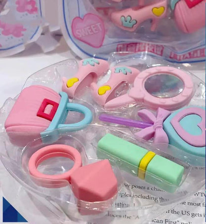 Cartoon Barbie Makeup Theme Erasers Set for Kids – Stylish Pencil & Rubber Erasers, 7 Pcs Stationery Kit, Perfect Birthday Return Gift, Fun Party Favors, Creative School Supplies, Non-Toxic Gift Pack