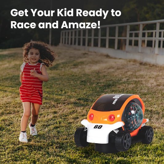 Battery Operated Stunt Car Toy with Music & 4D Vibrant Light Effects | 360° Rotating Bump & Go Action Car Toy| Orange Color, Power Source: 3xAA Battery (Not Included)