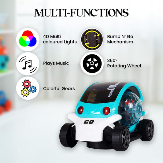 Battery Operated Stunt Car Toy with Music & 4D Vibrant Light Effects | 360° Rotating Bump & Go Action Car Toy for Kids| Blue Color, Power Source: 3xAA Battery (Not Included)