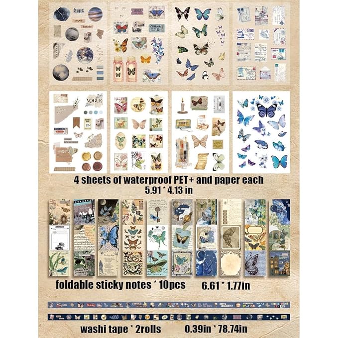 Vintage Scrapbooking Journal Kit  Aesthetic Sticker Journaling Scrapbook Photo Album (Intercropping Butterfly)