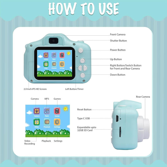 Kids digital camera dino design green children gadget