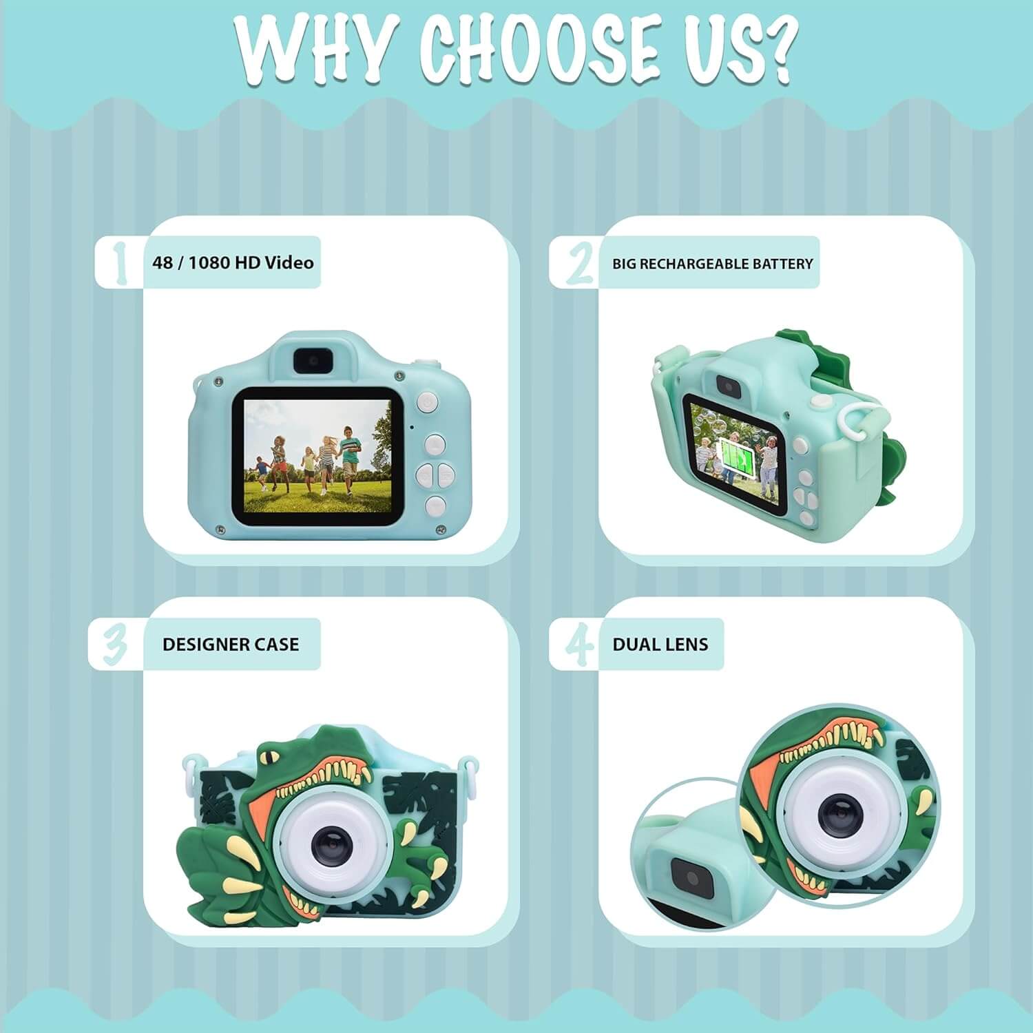 Kids digital camera dino design green children gadget