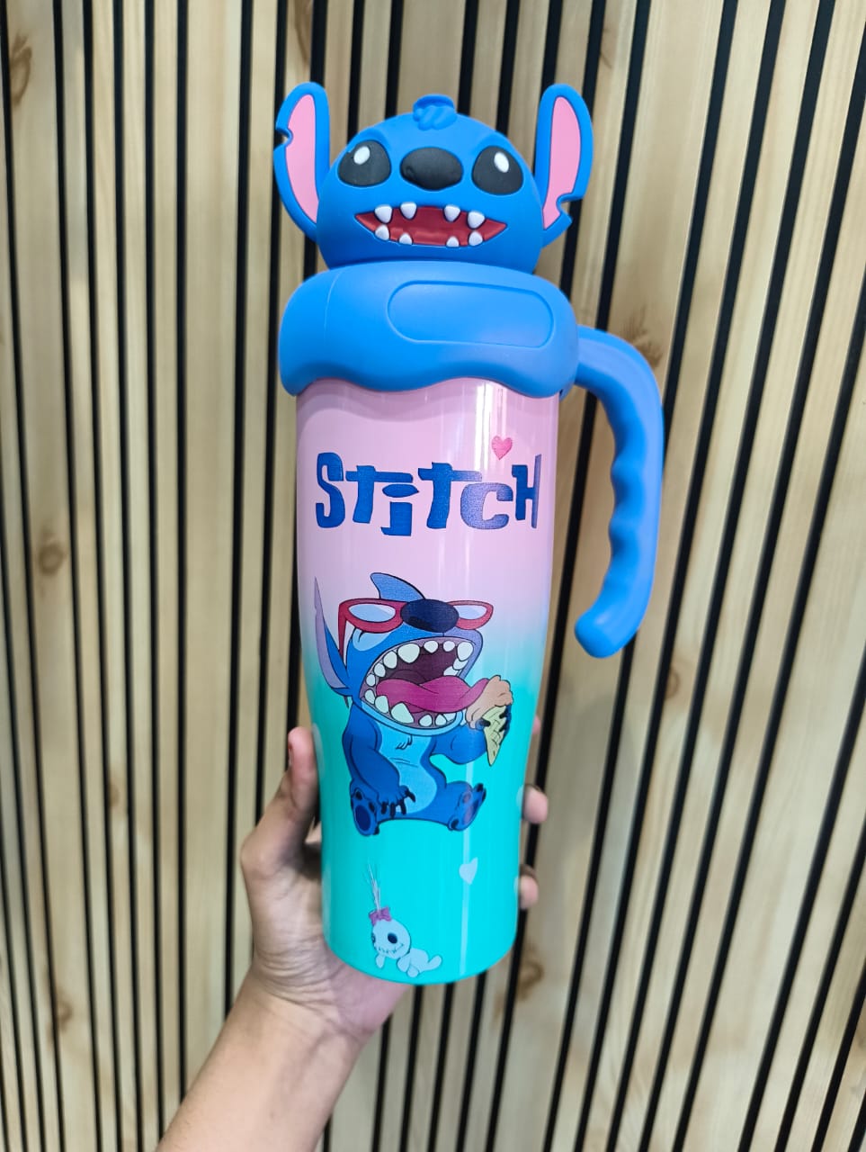 Stitch Cartoon Character Sipper Water Bottle with Straw & Handle for Kids