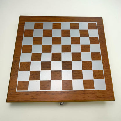 Chess Wooden box with 1 flask bottle and 3 shot glasses
