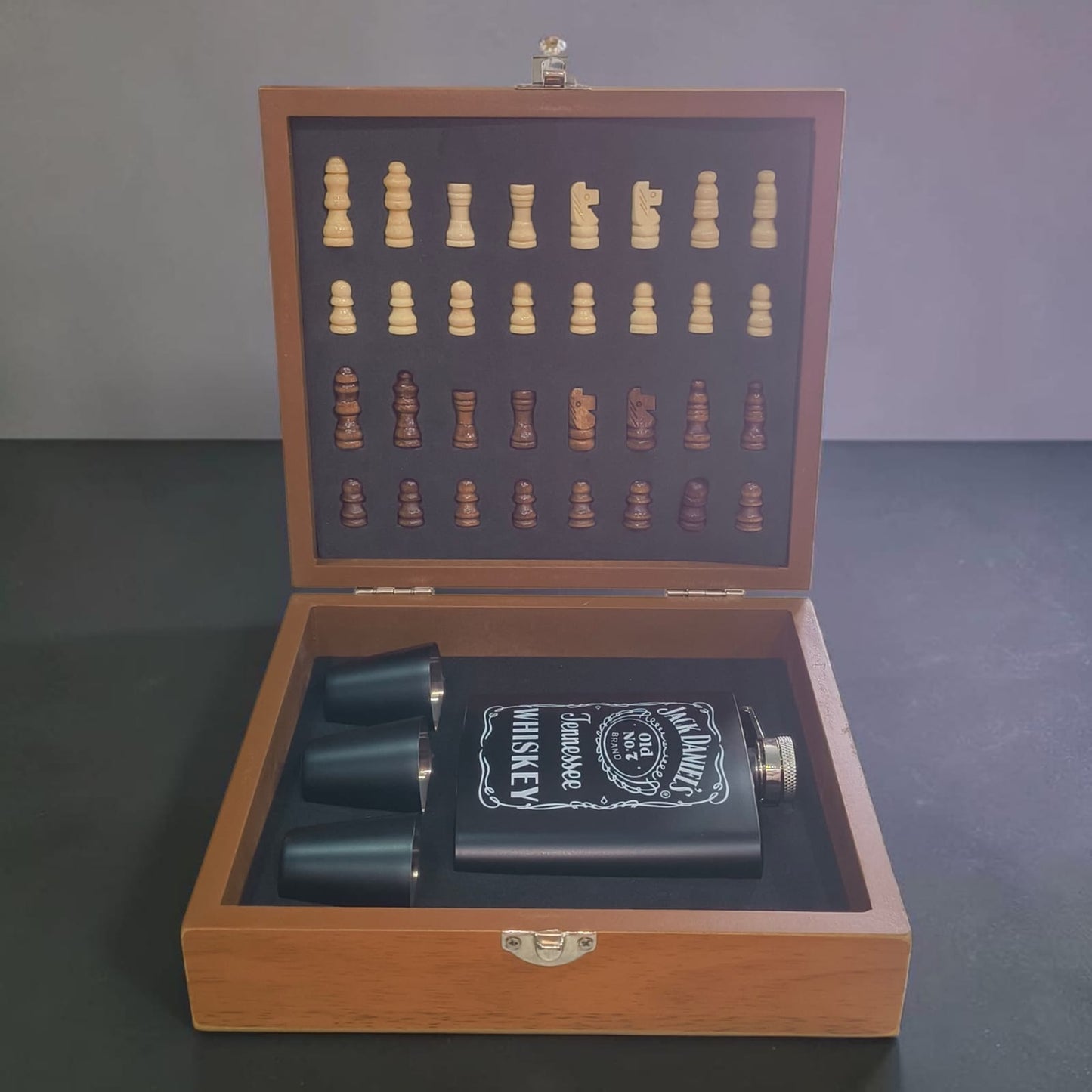 Chess Wooden box with 1 flask bottle and 3 shot glasses