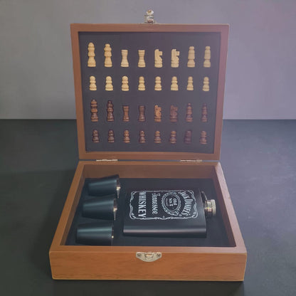 Chess Wooden box with 1 flask bottle and 3 shot glasses