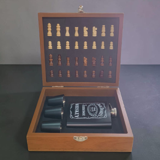 Chess Wooden box with 1 flask bottle and 3 shot glasses