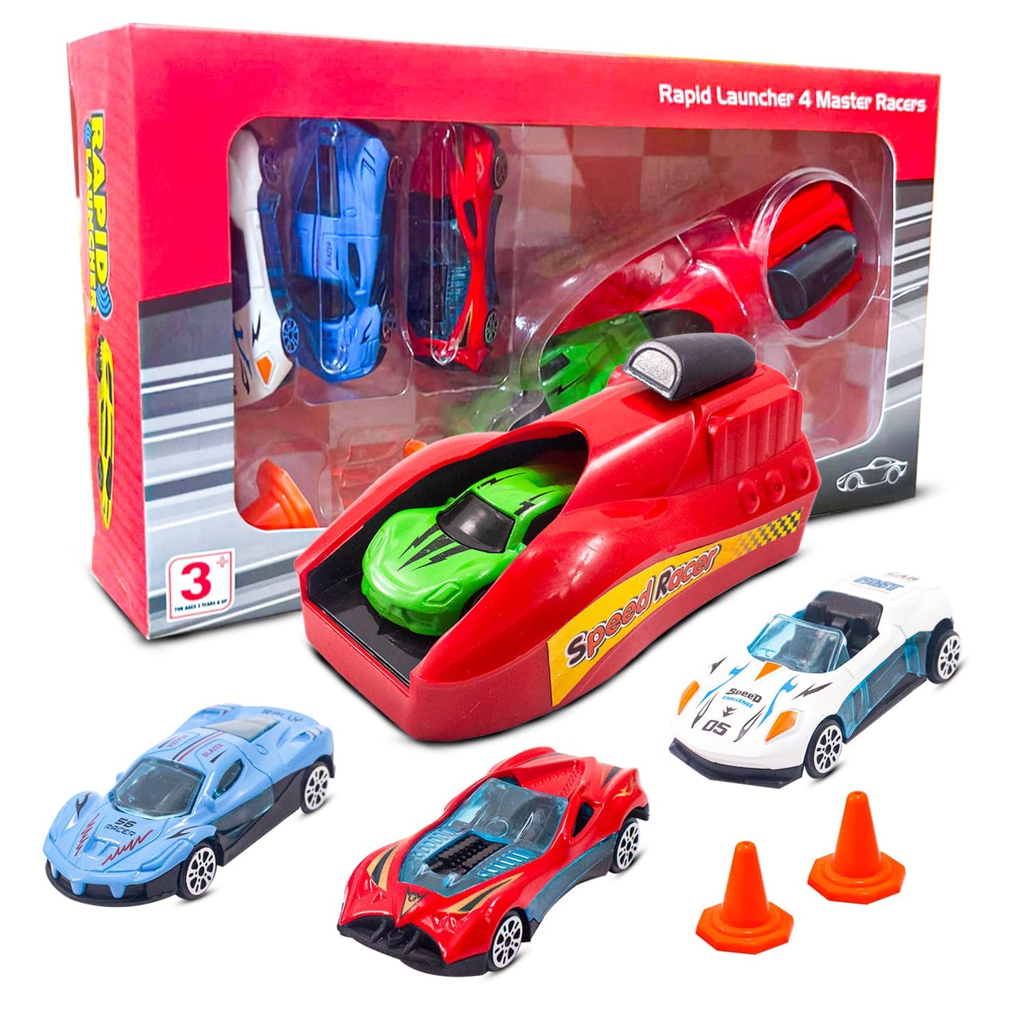 High-Speed Rapid Launcher Car Play Set with 4 Metal Die-Cast Racing Cars and Road Accessories