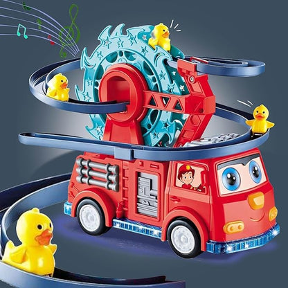 Fire Truck with Climbing Duck & Siren Sounds – Auto-Steering 3D Light Fire Engine for Loud Play