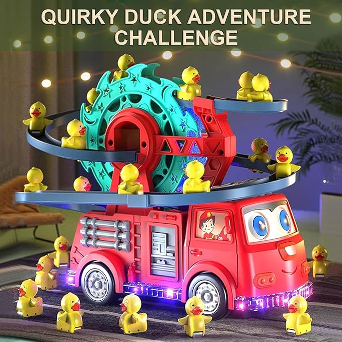Fire Truck with Climbing Duck & Siren Sounds – Auto-Steering 3D Light Fire Engine for Loud Play