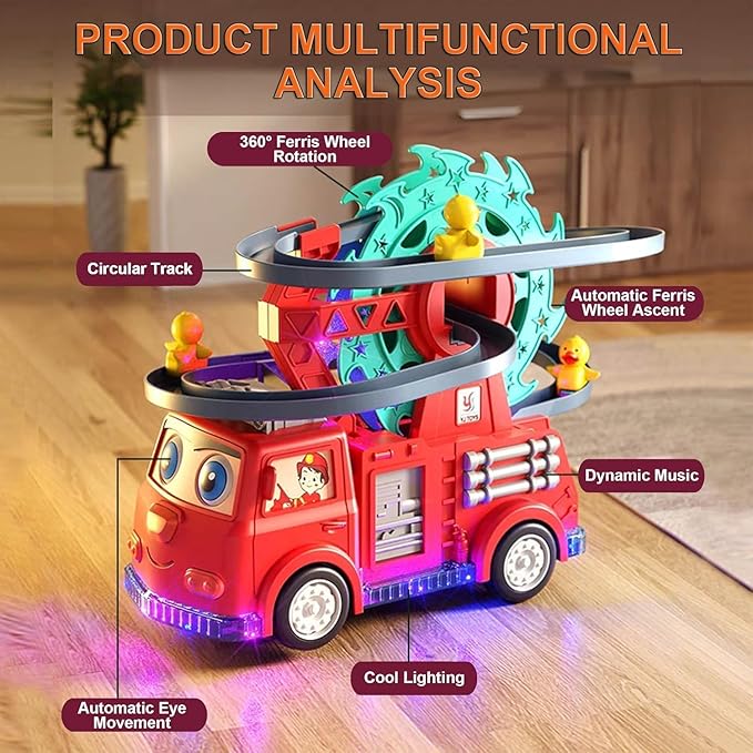 Fire Truck with Climbing Duck & Siren Sounds – Auto-Steering 3D Light Fire Engine for Loud Play