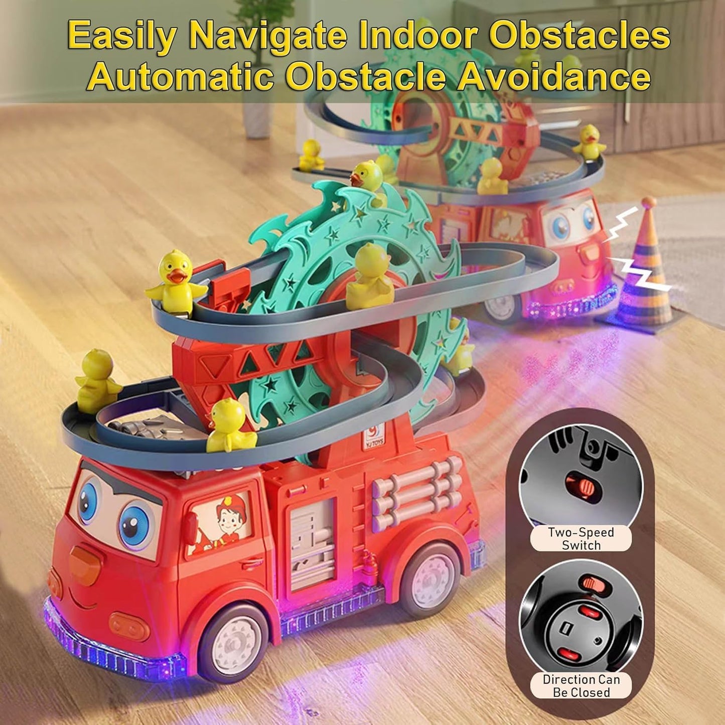 Fire Truck with Climbing Duck & Siren Sounds – Auto-Steering 3D Light Fire Engine for Loud Play