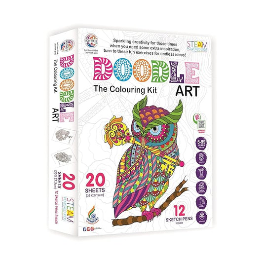 Doodle Art Colouring Kit - 20 Sheets & 12 Sketch Pens - Fun and Educational Colouring Set for Kids and Adults - Doodle Animal & Bird Design - Let Your Creativity Shine.