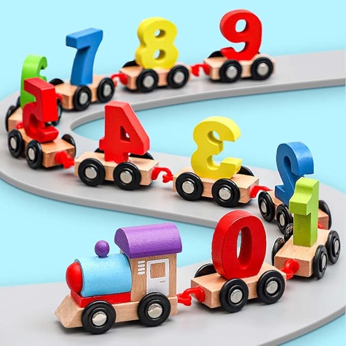 Push & Pull Digital Train Set Kids Toys, Play Train with Sliding Wheels & 0 to 9 Numbers, Wooden Train Toy