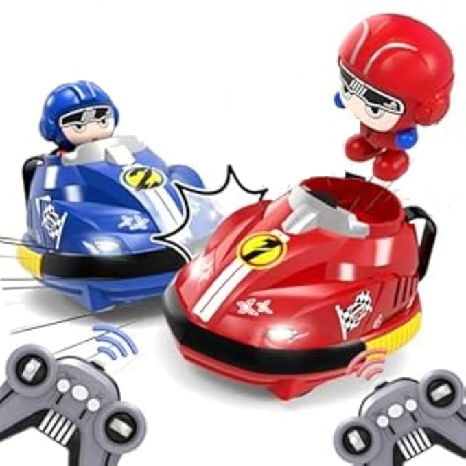 2 Player RC Bumper Car – Set of 2 Remote-Controlled Bumper Cars with 360° Spins, LED Lights, Sound Effects & Ejecting Drivers –Child Play and Kids Aged 3+ Years - Red & Blue