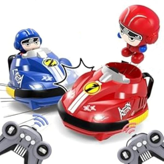 2 Player RC Bumper Car – Set of 2 Remote-Controlled Bumper Cars with 360° Spins, LED Lights, Sound Effects & Ejecting Drivers –Child Play and Kids Aged 3+ Years - Red & Blue