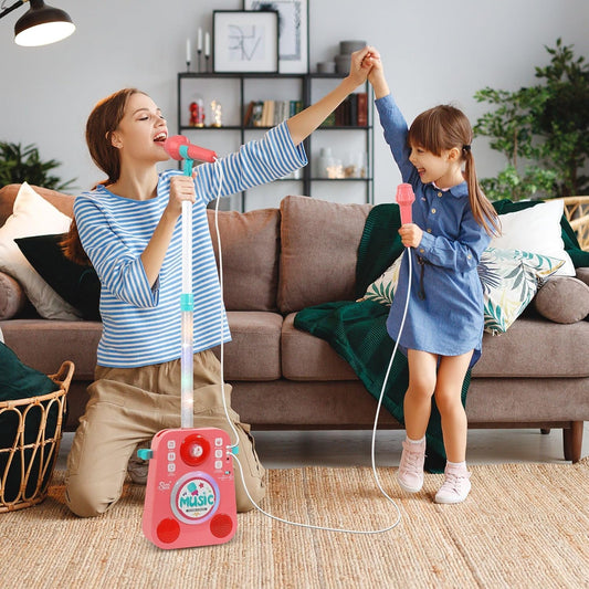 Kids Karaoke Machine with 2 Microphones and Adjustable Stand, Music Sing Along with Flashing Stage Lights, Portable Children Karaoke Speaker Voice Changer Toys for 3-10 Years Old Birthday Gift