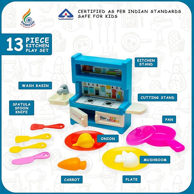 13 Pieces Kitchen Fun Plastic Set | A Perfect Role Play Kitchen Set Toys for Girls Kids (Assorted Colours)