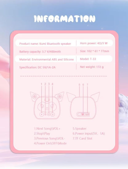 Kuromi Portable Bluetooth Speaker 3W Output | Wireless Mini Speaker with Memory Card Support | 800mAh Battery, 60Hz-23KHz Frequency | Compact & Portable Music Speaker (Pink)