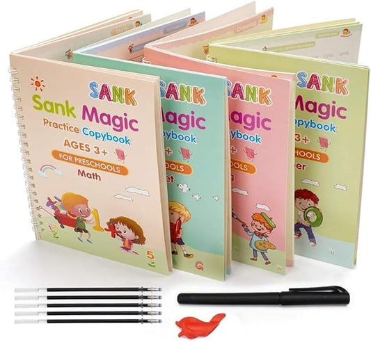 Magic Book for Kids, Sank Magic Practice Copybook, (4 Book+10 Refill+1 Pen+1 Grip) Number Tracing Book for Pre-Schoolers with Pen, Magic Calligraphy Copybook Set Writing Tool for Kids
