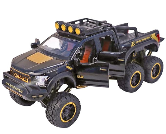 Ford Raptor F150 Pickup Model Exclusive Alloy Diecast Pull Back Toy car with Openable Doors & Light Music Toys for Kids Boy Girl Gift (1:24 F150 Raptor 6X6 - Black)