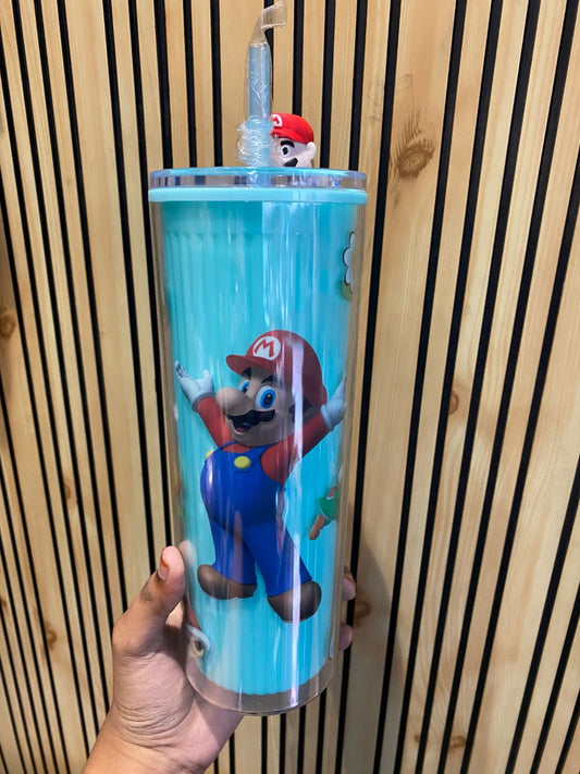 Super Mario Theme Plastic Sipper with 3D Top Lid And Straw For Kids