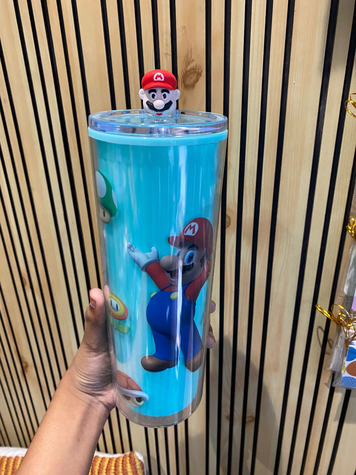 Super Mario Theme Plastic Sipper with 3D Top Lid And Straw For Kids