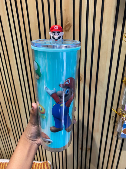 Super Mario Theme Plastic Sipper with 3D Top Lid And Straw For Kids