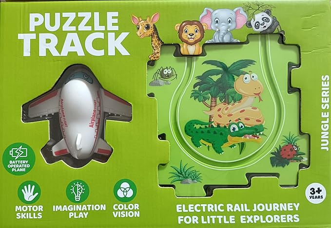 Puzzle Track Electric Rail Journey Construction Set, Motor Skills Development, Ages 3+, City Series Airplane Track Set for Kids (Jungle Series) (Green)