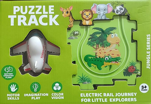 Puzzle Track Electric Rail Journey Construction Set, Motor Skills Development, Ages 3+, City Series Airplane Track Set for Kids (Jungle Series) (Green)