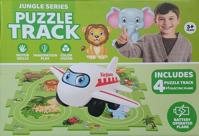 Puzzle Track Electric Rail Journey Construction Set, Motor Skills Development, Ages 3+, City Series Airplane Track Set for Kids (Jungle Series) (Green)