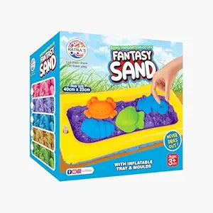 Fantasy Sand 500 Grams  with Inflatable Tray, 1 Big Mould, 6 Small Moulds & 1 Toy Plastic Knife | Smooth, Non Sticky Sand Set for Kids. Assorted Colours