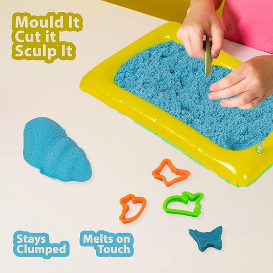 Fantasy Sand 500 Grams  with Inflatable Tray, 1 Big Mould, 6 Small Moulds & 1 Toy Plastic Knife | Smooth, Non Sticky Sand Set for Kids. Assorted Colours