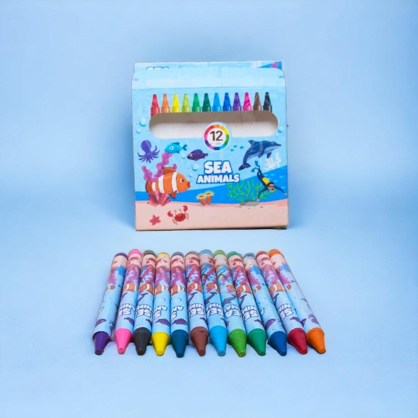 Sea Animals Theme Wax Crayons – 12 Bright Shades for Kids (Non-Toxic, Blue Pack)