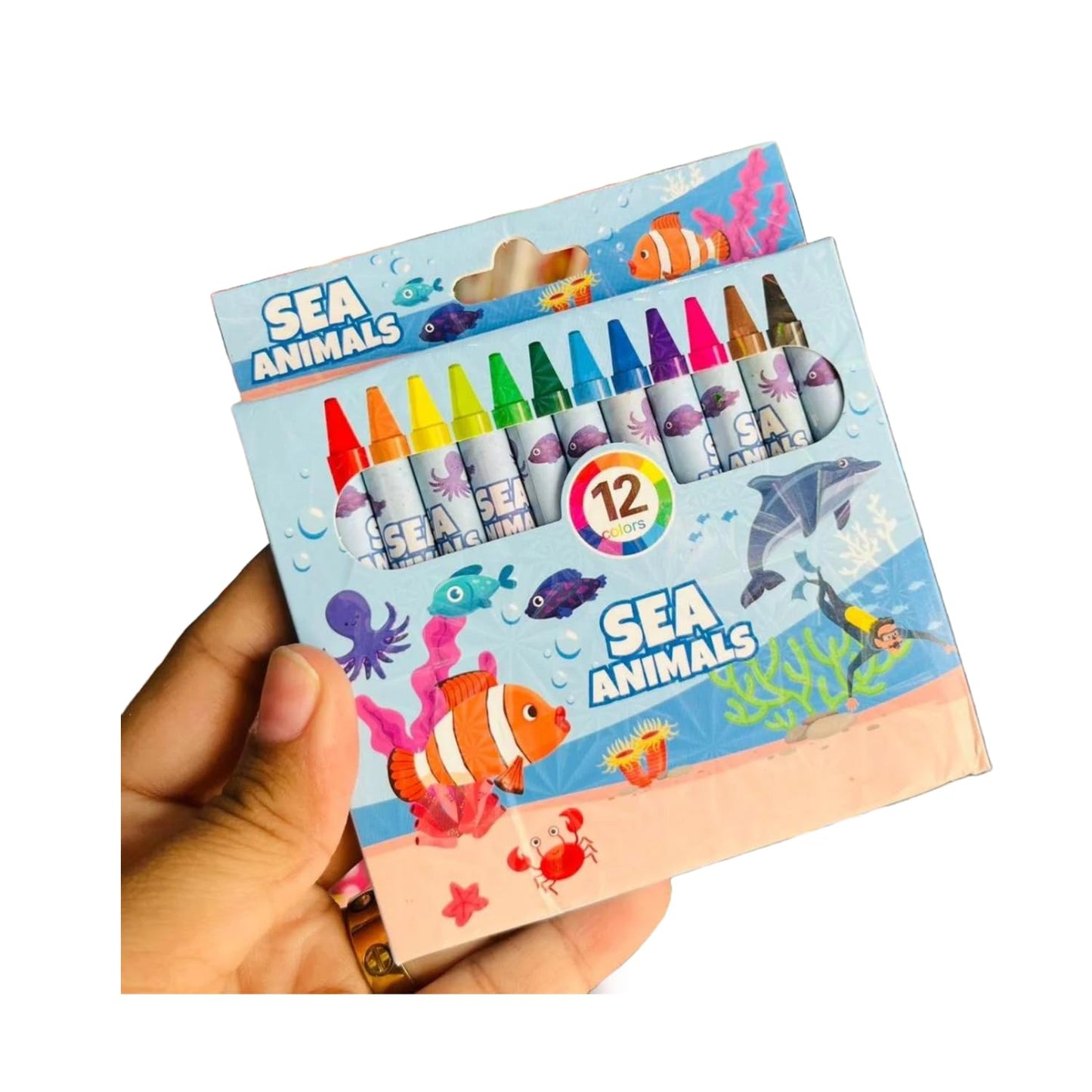 Sea Animals Theme Wax Crayons – 12 Bright Shades for Kids (Non-Toxic, Blue Pack)