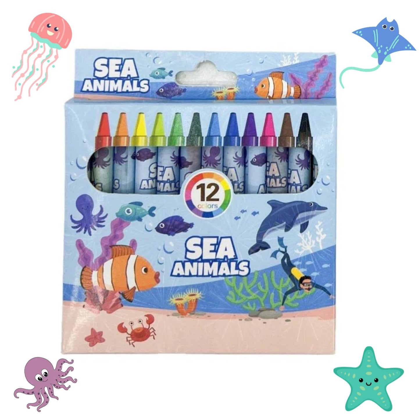 Sea Animals Theme Wax Crayons – 12 Bright Shades for Kids (Non-Toxic, Blue Pack)