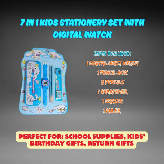 Assorted 7 in 1 Kids Cartoon Stationery Set with Digital Wrist Watch