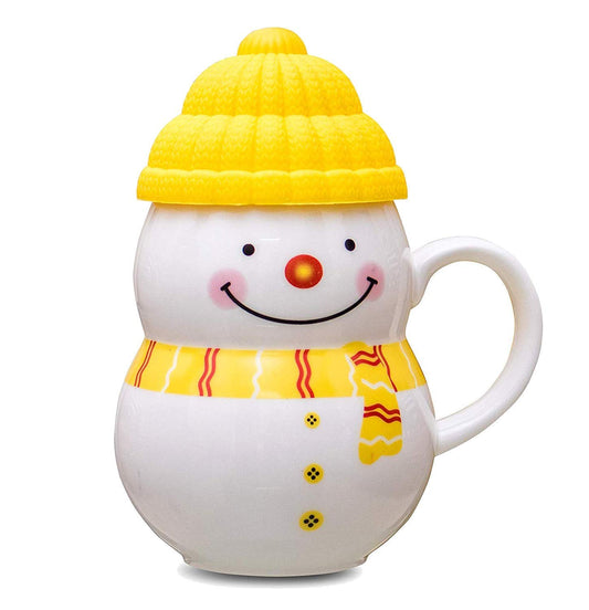 Ceramic Snowman Mug with Silicone Cap – 300ml Christmas Mug (Yellow)