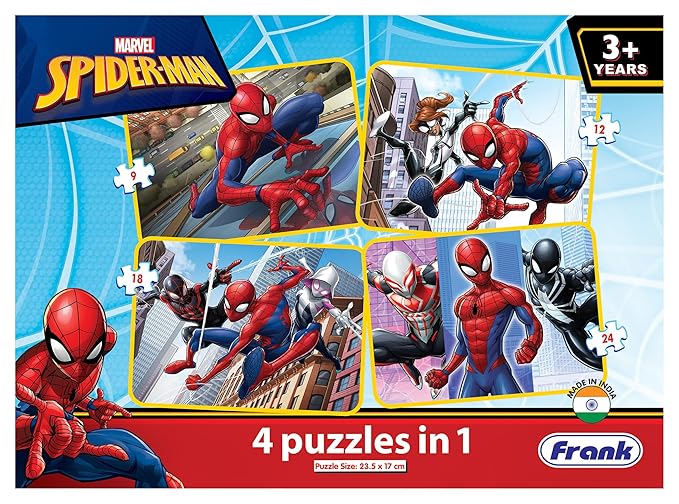 Spider-Man 4 Puzzles in 1 | Set of 4 Jigsaw Puzzles, 63 Pieces Each | Fun and Challenging Brain Booster Games for Kids