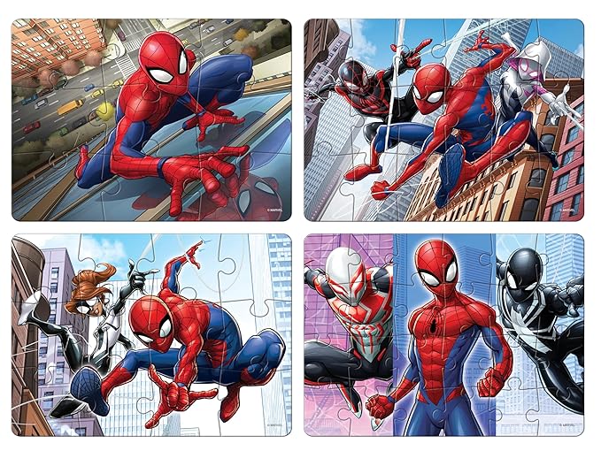 Spider-Man 4 Puzzles in 1 | Set of 4 Jigsaw Puzzles, 63 Pieces Each | Fun and Challenging Brain Booster Games for Kids