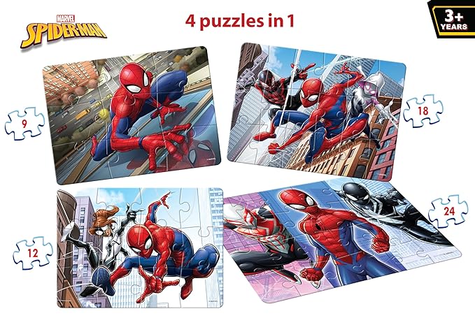 Spider-Man 4 Puzzles in 1 | Set of 4 Jigsaw Puzzles, 63 Pieces Each | Fun and Challenging Brain Booster Games for Kids