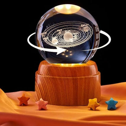 Crystal Ball Night Light with LED Base | 3D Rotating Solar System Globe