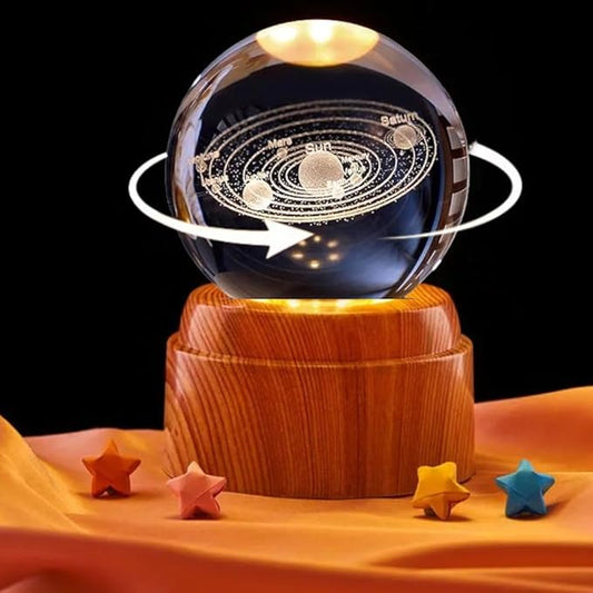Crystal Ball Night Light with LED Base | 3D Rotating Solar System Globe
