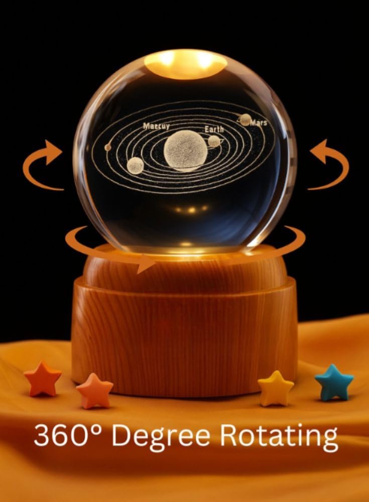 Crystal Ball Night Light with LED Base | 3D Rotating Solar System Globe