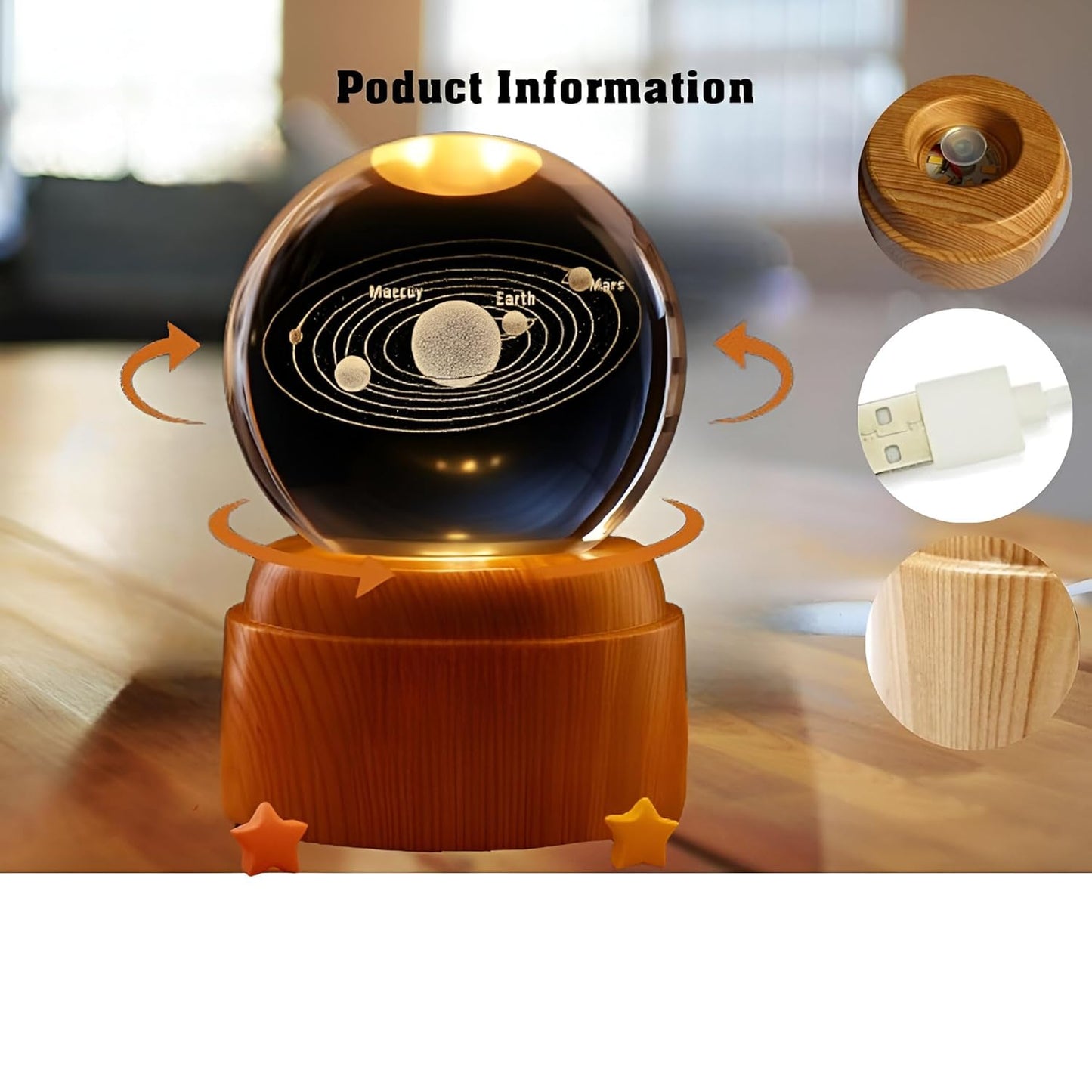 Crystal Ball Night Light with LED Base | 3D Rotating Solar System Globe