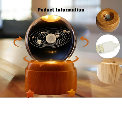Crystal Ball Night Light with LED Base | 3D Rotating Solar System Globe